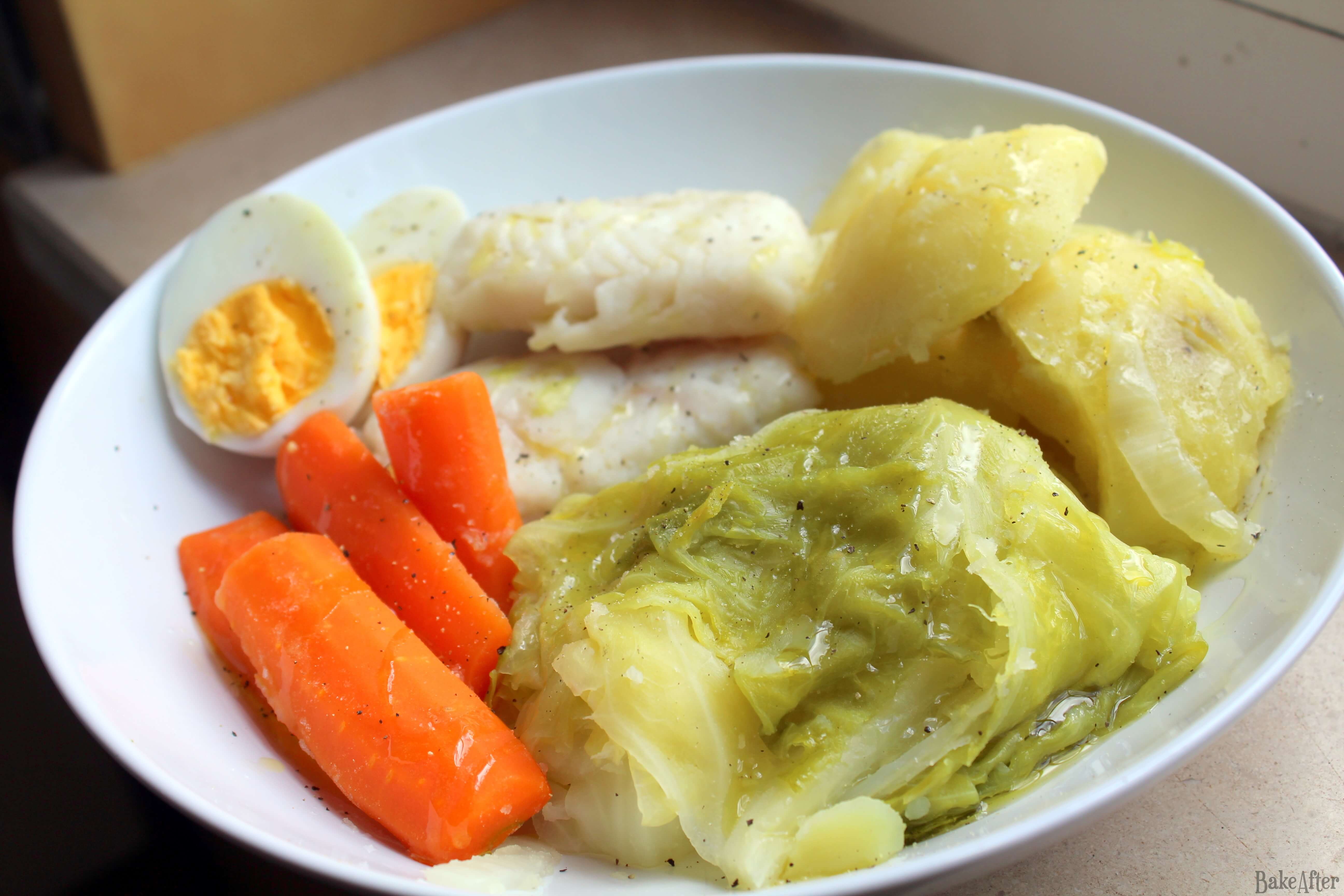 Boiled Hake with Cabbage Carrots Potatoes and Eggs · Bake After Recipe