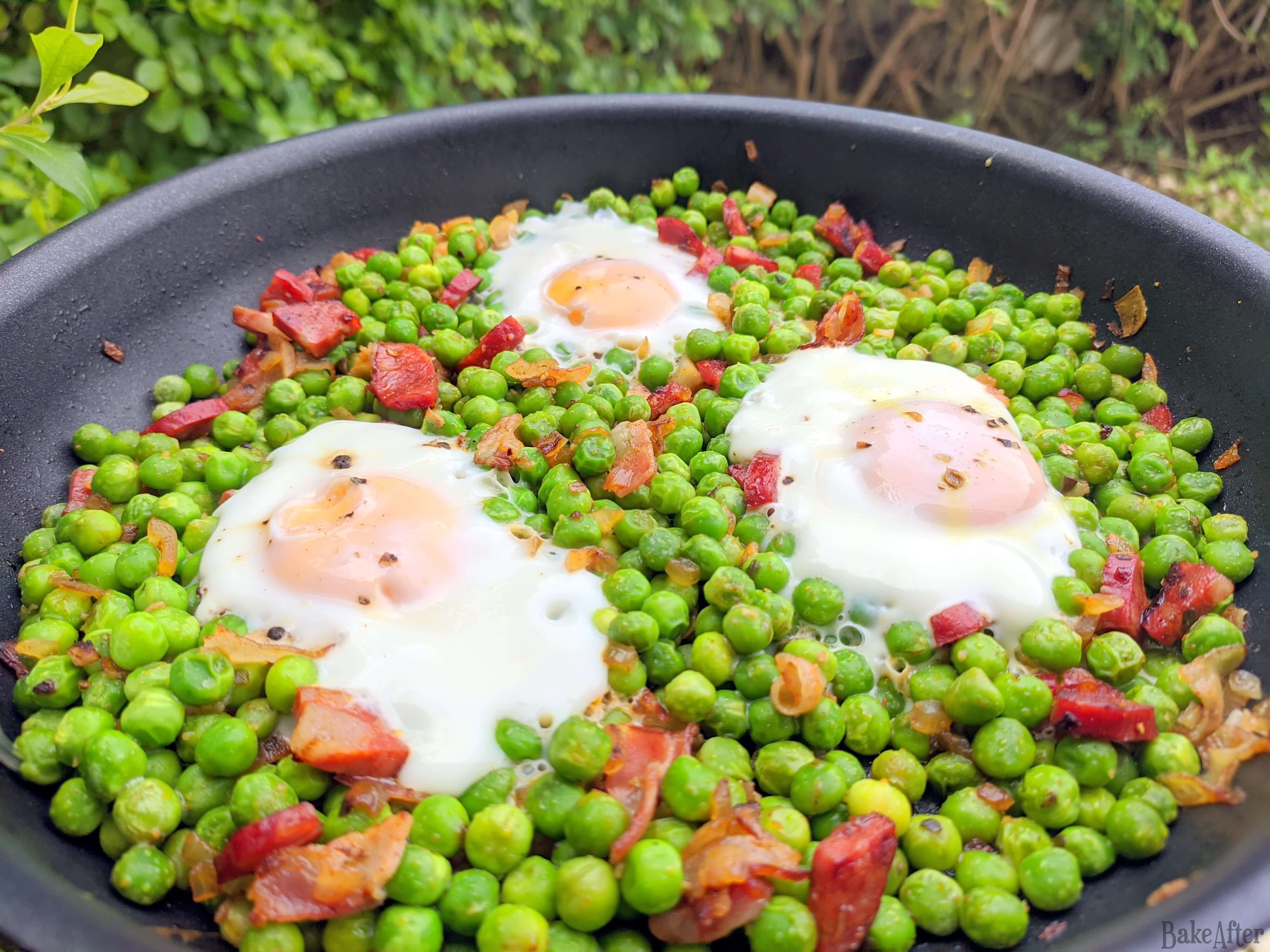 Portuguese Peas with Poached Eggs • Ervilhas com Ovos Escalfados · Bake After Recipe